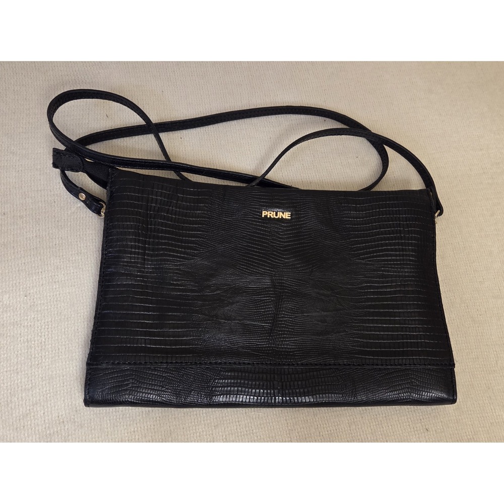 Prune Black Reptile‎ Embossed Crossbody Flat Bag Skull Emblem Detail